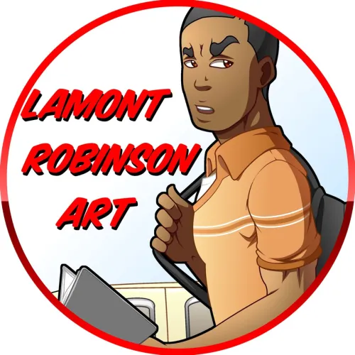 Lamont Robinson Art Logo Logo in a red circle with a black man holding a notebook and wearing a backpack on the right side. On the upper left in red with black drop shadow are the words "Lamont Robinson Art".