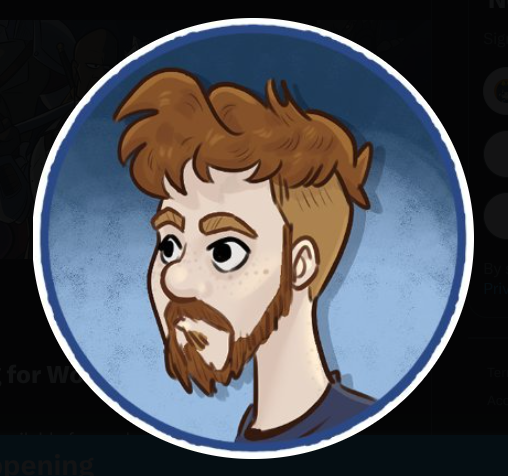 LouieMannyArt logo Logo for Louie Manny dot Art. Gradiated blue background in a white circle with a drawing of white man with brown hair shaved on the side of the head, and a brown beard.