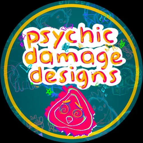 Psychic Damage Designs Logo Blue circle background with faint sketches and a gold ring just inside the circle border. Text in yellow and red paint in lower case reads "psychic damage designs" above an image on a pink background of face that looks a bit human and a bit like a baby chick.